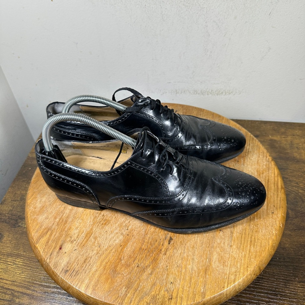Salvatore Ferragamo Mens Black Leather Wingtip Oxford Shoes Italy Size 9.5 E
